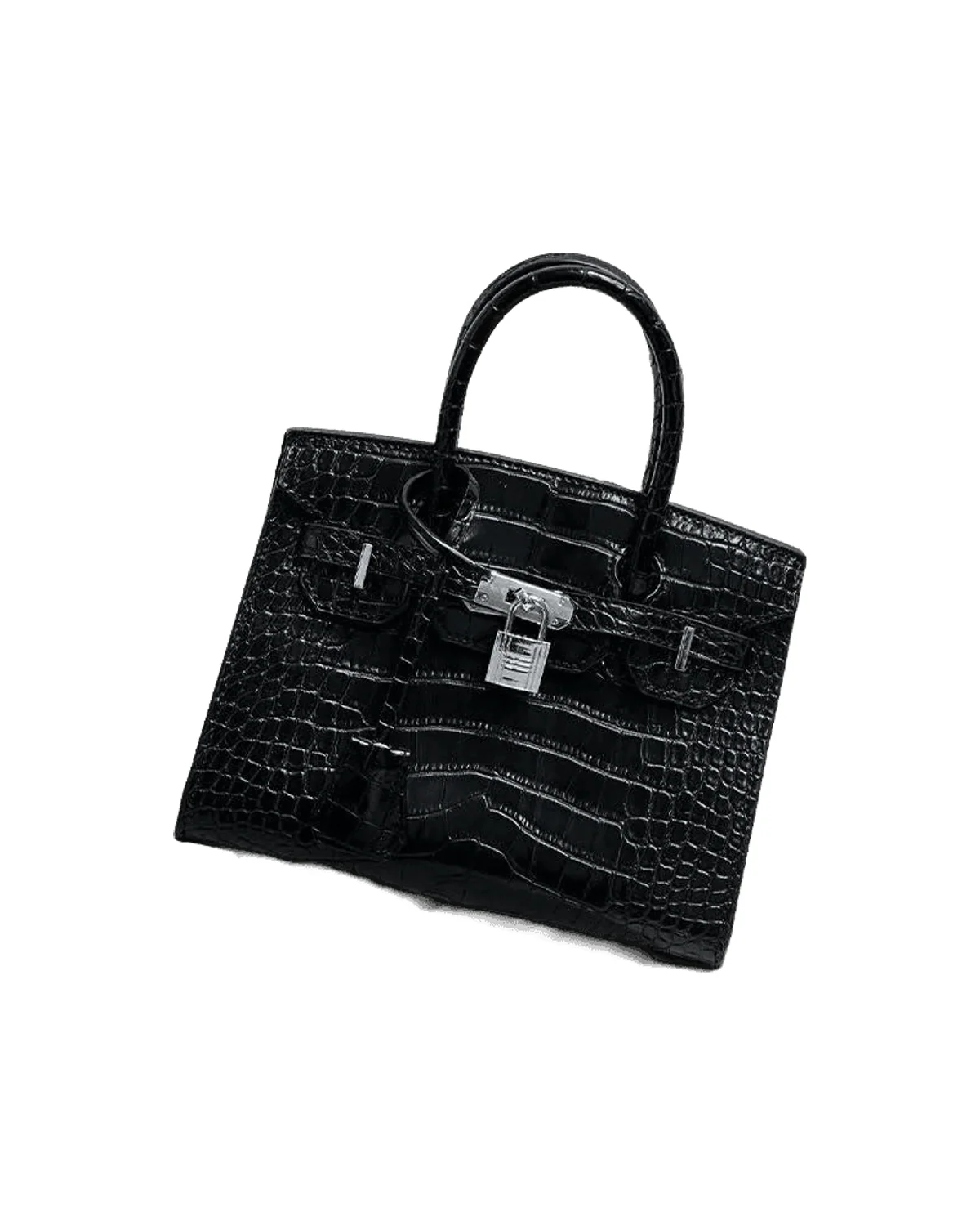 Black Croc-Effect Top-Handle Bag with Padlock